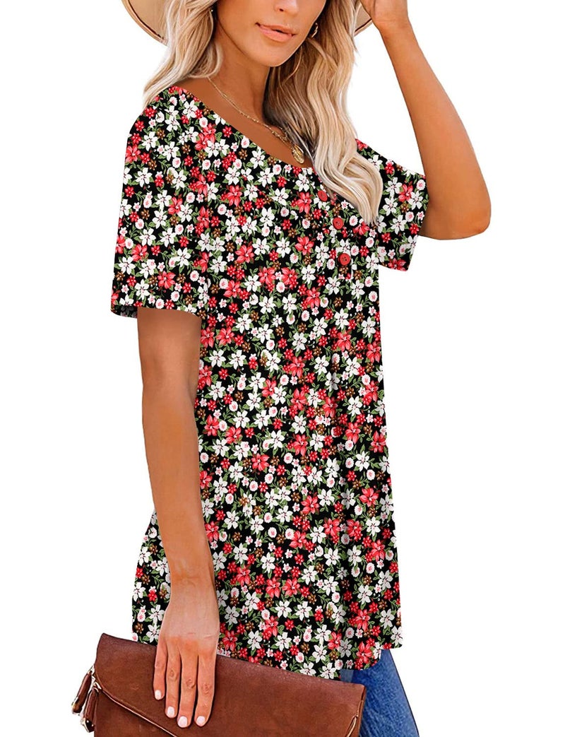 ROSELINLIN Womens Short Sleeve Tunic Top Henley V Neck Blouse with Ruffle Hem Casual Summer Tops XL - Image 3