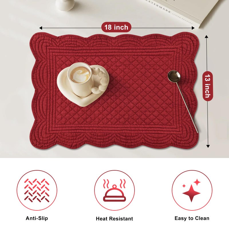 MINUPWELL 6 PC Quilted Placemats, 18"X13"Extra Large Cotton Placemats Set of 6, 100% Cotton Fabric Washable Cloth Table Mats for Kitchen & Dining Table - Soft &Easy Clean(Red, Rectangular) - Image 3