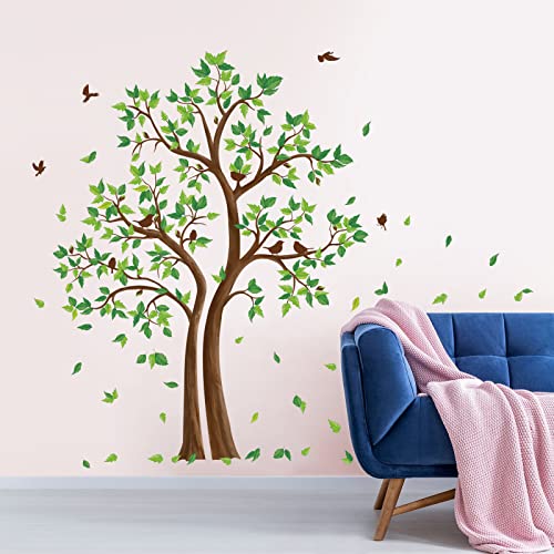 decalmile Green Tree Wall Stickers Flying Leaves Birds Wall Decals Bedroom Living Room Sofa TV Background Wall Decor - Image 3