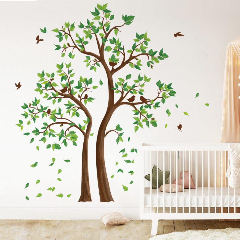 decalmile Green Tree Wall Stickers Flying Leaves Birds Wall Decals Bedroom Living Room Sofa TV Background Wall Decor - Image 2