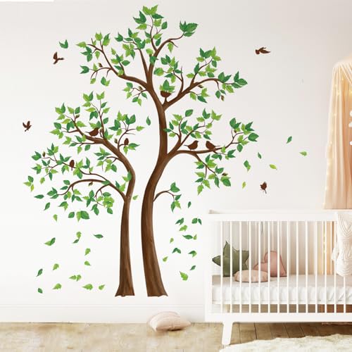 decalmile Green Tree Wall Stickers Flying Leaves Birds Wall Decals Bedroom Living Room Sofa TV Background Wall Decor - Image 1