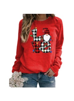 Generic Christmas Santa Claus Plaid Love Print round Neck Long Sleeve Sweatshirt Jacket Womens European Size Street Style Polyester Red 