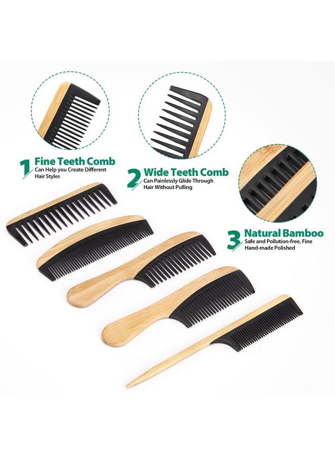 SouxMux 5 Pcs Handmade Bamboo Anti-Static Comb Set for Women and Men - Wide Tooth, Rat Tail, and Fine Tooth Combs for Long, Short, Thick, Thin, Wavy, and Curly Hair Detangling (Natural + Black) - Image 2