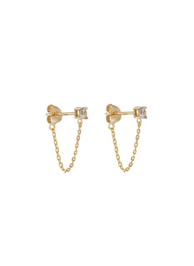 S.Leaf - Cubic Zirconia Stud Earrings With Chain Sterling Silver Dangle Earrings For Women (Cz-Gold) - Image 1