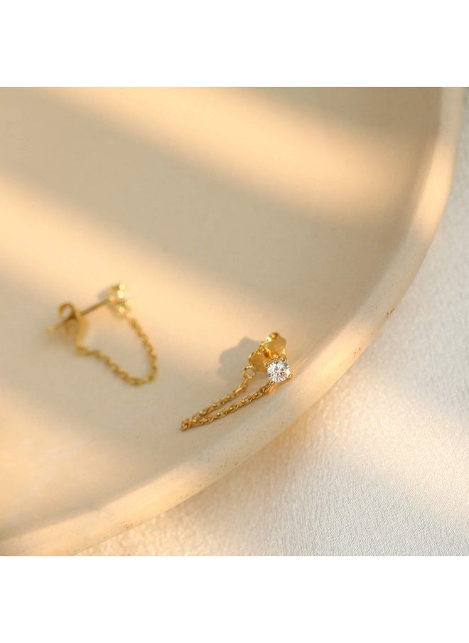 S.Leaf - Cubic Zirconia Stud Earrings With Chain Sterling Silver Dangle Earrings For Women (Cz-Gold) - Image 1