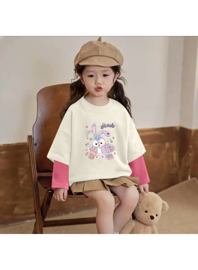Girl's Long Sleeve T-shirt Spring/autumn New Style Children's Fake Two-piece T-shirt Big Kids Versatile Korean Style Outerwear Base Layer Shirt