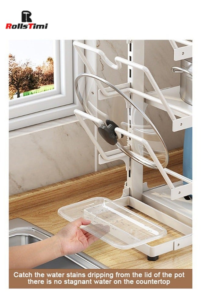 RollsTimi  Multifunctional 3-Tier Adjustable Pot and Pan Organizer Rack, Floor Standing Pot Rack for Cabinet, Pot Lid Holders with Drain Tray, White - Image 5