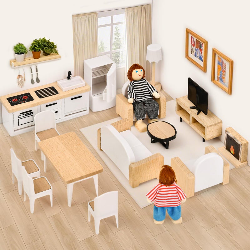 Toyssa Dollhouse Furniture Set, 36PCS Beech Wood and Plastic Miniature Doll House Accessories with Modern 5 Rooms & 4 Flexible Family Dolls, Pretend Play Toys Birthday Gift for Toddlers 3 4 5 6 - Image 2