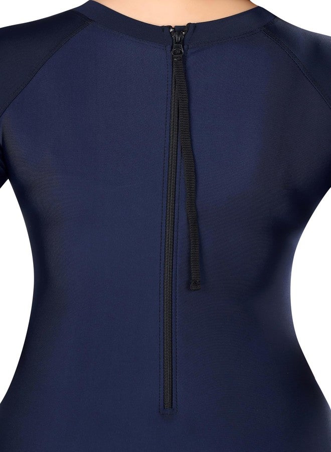 Aquado Women’s Knee Length Padded One Piece Swimsuit with Back Zip - Modest Sports Swimwear for Swimming, Training, Aqua Aerobics & Beach (in, Alpha, S, Regular, Standard, Navy Pink) - Image 3
