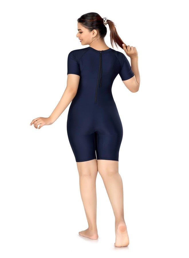 Aquado Women’s Knee Length Padded One Piece Swimsuit with Back Zip - Modest Sports Swimwear for Swimming, Training, Aqua Aerobics & Beach (in, Alpha, S, Regular, Standard, Navy Pink) - Image 5