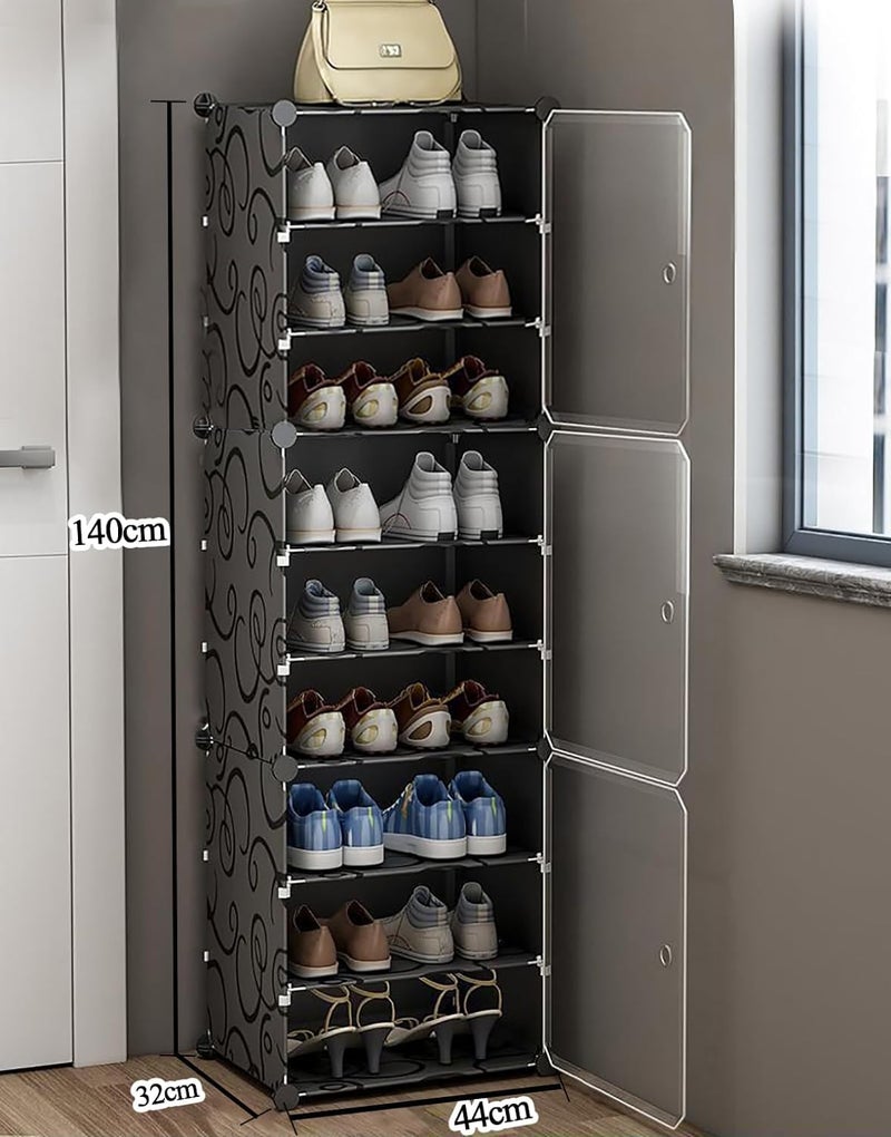 KRISHYAM® Portable Shoe Rack Organizer, Plastic Cube Storage 18 Pair Tower 9 Shelves Shoe Storage Cabinet Stand,Modular Cabinet for Hallway Bedroom Closet Entryway (9 Shelves-3 Door (Black)) - Image 4