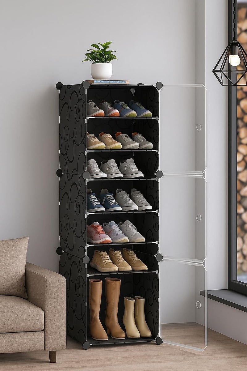 KRISHYAM® Portable Shoe Rack Organizer, Plastic Cube Storage 18 Pair Tower 9 Shelves Shoe Storage Cabinet Stand,Modular Cabinet for Hallway Bedroom Closet Entryway (9 Shelves-3 Door (Black)) - Image 1