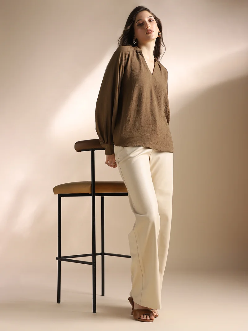 globus  Globus Women Brown Mandarin Neck Raglan Cuffed Sleeves Self Design Gathered Detail Workwear Top for Women | Best Price UAE