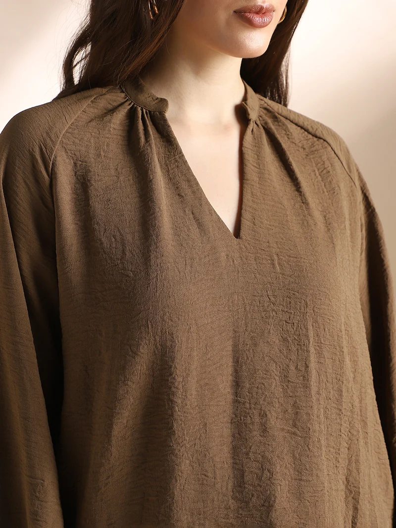 globus  Globus Women Brown Mandarin Neck Raglan Cuffed Sleeves Self Design Gathered Detail Workwear Top for Women | Best Price UAE
