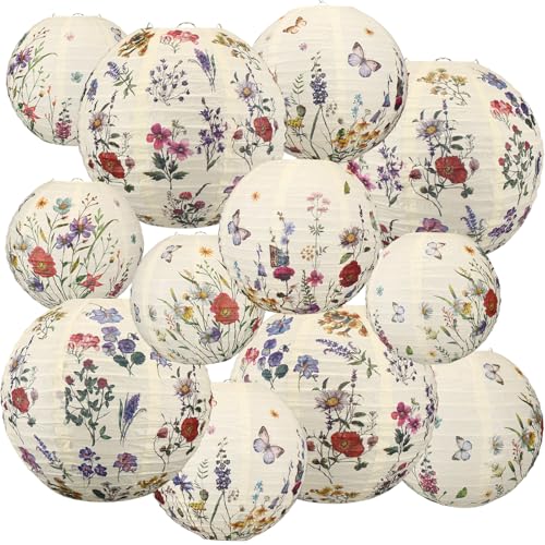 Baquler 12 Pcs Wildflower Paper Lanterns Party Decorations Vintage Floral Hanging Lanterns 3 Styles for Baby in Bloom Baby Shower Wedding Garden Tea Summer Home Indoor Outdoor Party Decor - Image 1