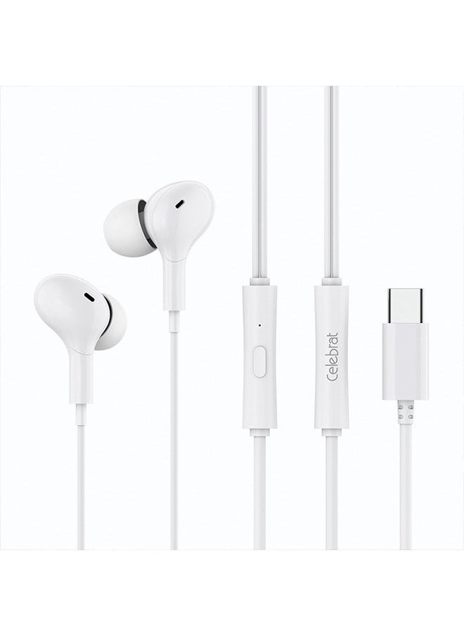 Celebrat - USB C Headphone IPhone 15 Type-c Stereo Wired In Ear Style Noise Reduction Earphones Wired Earphones with Microphone and Volume Control 1.2M for iPhone 15/15Plus/15Pro/15ProMax/iPad Pro White - Image 1