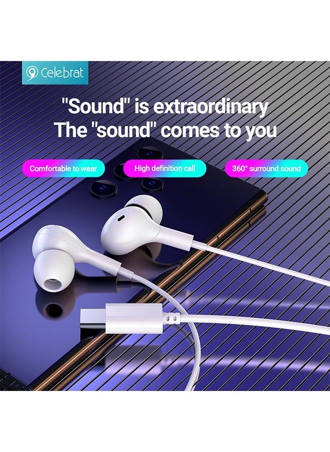 Celebrat - USB C Headphone IPhone 15 Type-c Stereo Wired In Ear Style Noise Reduction Earphones Wired Earphones with Microphone and Volume Control 1.2M for iPhone 15/15Plus/15Pro/15ProMax/iPad Pro White - Image 1