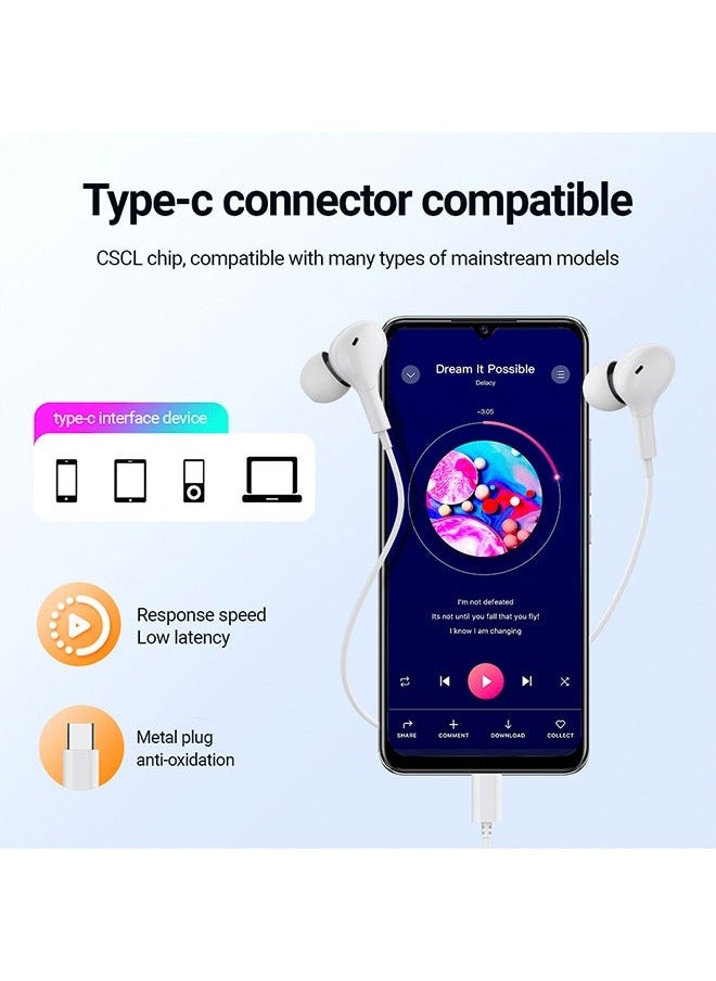 Celebrat - USB C Headphone IPhone 15 Type-c Stereo Wired In Ear Style Noise Reduction Earphones Wired Earphones with Microphone and Volume Control 1.2M for iPhone 15/15Plus/15Pro/15ProMax/iPad Pro White - Image 1
