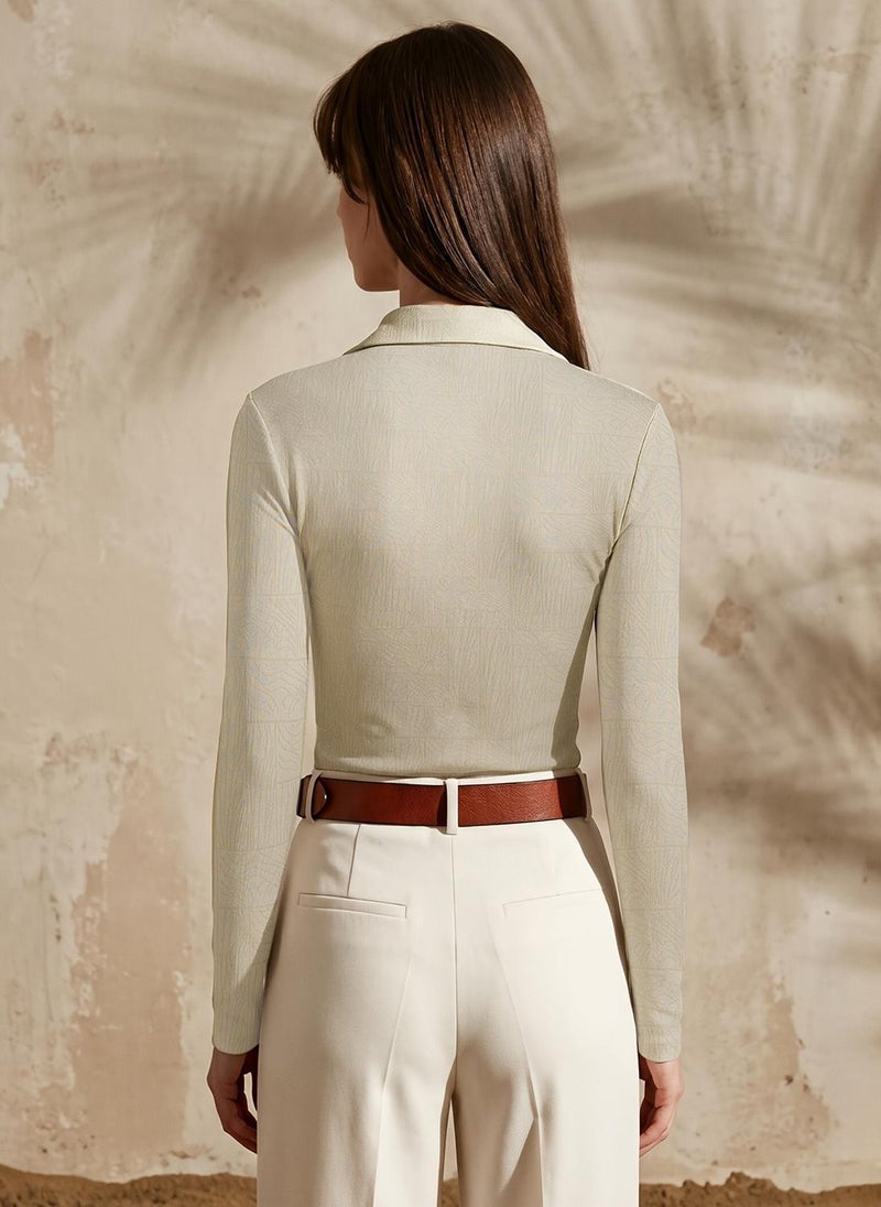 Globus Women Beige Self Design Collared Neck Long Sleeves Casual Top - Image 4