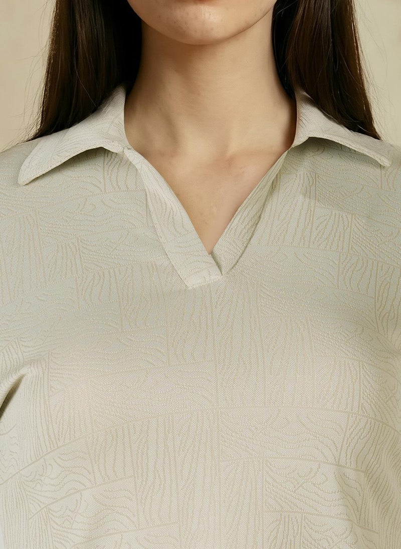 Globus Women Beige Self Design Collared Neck Long Sleeves Casual Top - Image 5