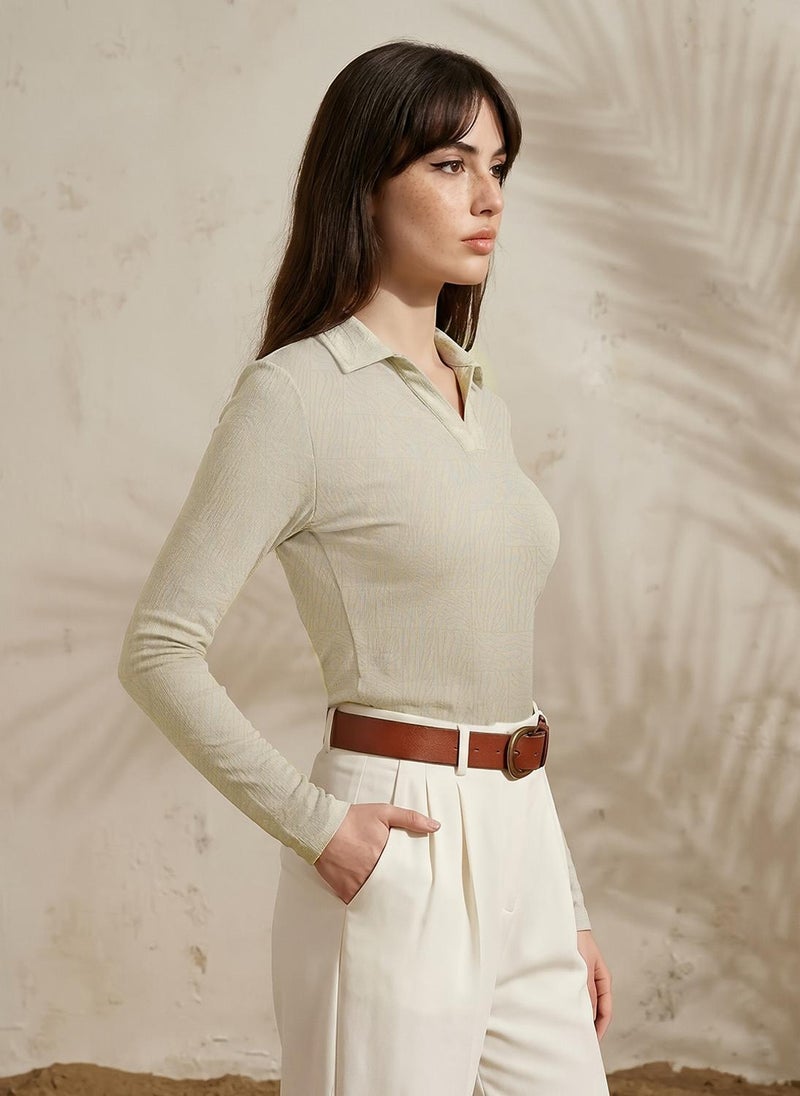 Globus Women Beige Self Design Collared Neck Long Sleeves Casual Top - Image 3
