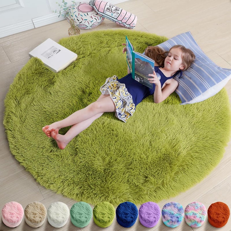 Amdrebio Grass Green Round Rugs 6Ft for Living Room Bedroom Decor Aesthetic, Large Fluffy Shaggy Circle Area Rug for Kids Playroom Baby Nursery, Big Soft Shag Fuzzy Modern Cool Floor Circular Carpet - Image 1
