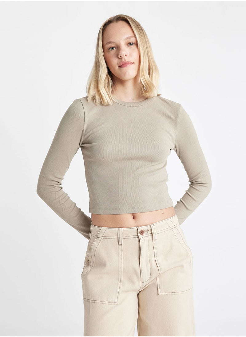 DeFacto - Fitted Crew Neck Ribbed Basic Plain Long Sleeve T-Shirt - Image 1
