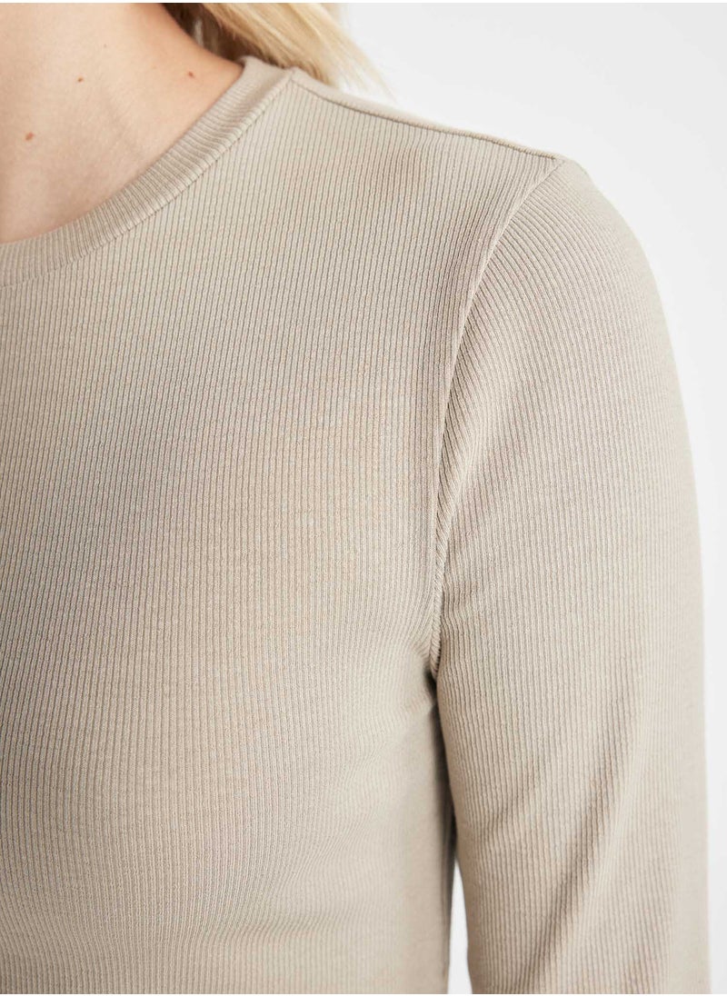 DeFacto - Fitted Crew Neck Ribbed Basic Plain Long Sleeve T-Shirt - Image 1
