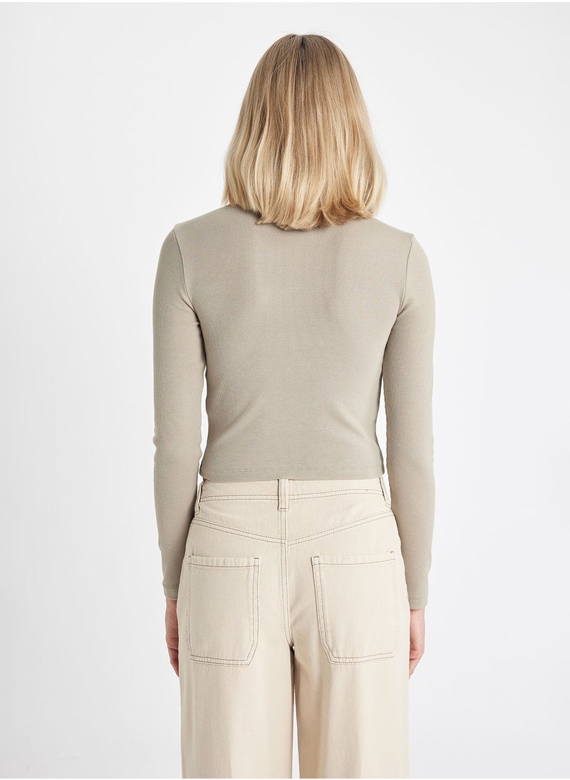 DeFacto - Fitted Crew Neck Ribbed Basic Plain Long Sleeve T-Shirt - Image 1