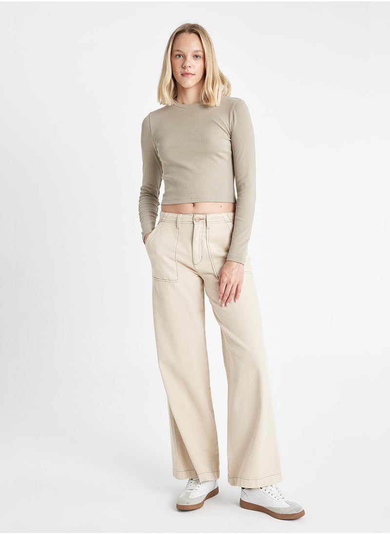 DeFacto - Fitted Crew Neck Ribbed Basic Plain Long Sleeve T-Shirt - Image 1