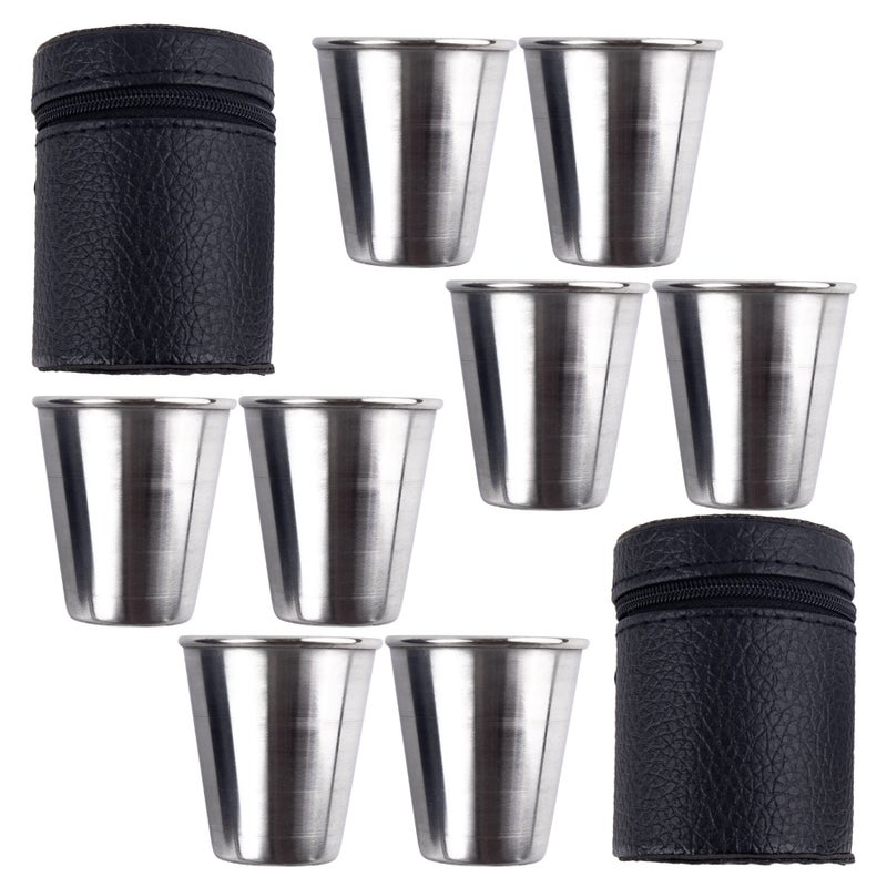 Framendino 8 Pack 2 Ounce Stainless Steel Shot Cups with Leather Carry Cases Glass Drinking Tumbler