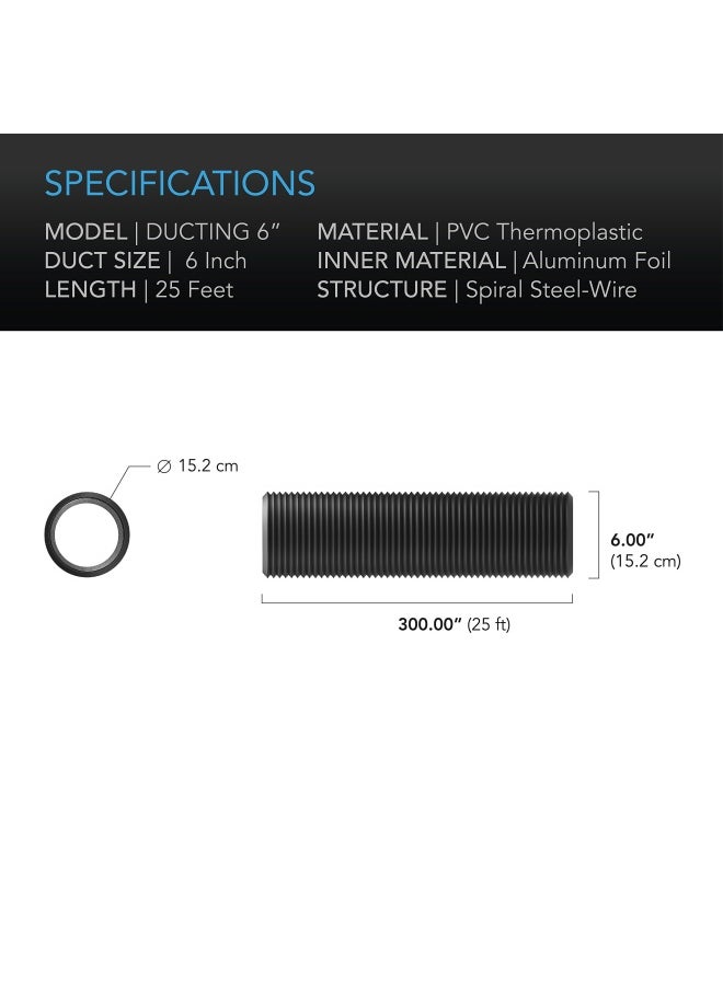Flexible 6-Inch Aluminum Ducting Heavy-Duty Four-Layer Protection 25-Feet Long For Heating Cooling Ventilation And Exhaust