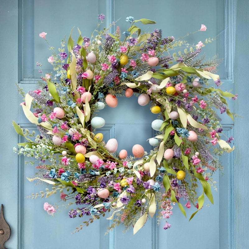 Montekin 24 Inch Spring Easter Wreath with Colorful Eggs & Wildflowers â€“ Artificial Holiday Front Door Wreath for Farmhouse, Indoor Outdoor Home DÃ©cor, Easter Egg Wreath for Spring Summer - Image 1