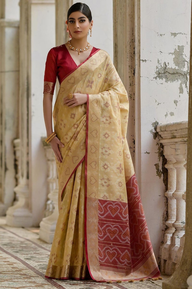 SGF11 Women's Kanjivaram Patola Soft Lichi Silk Saree With Unstitched Blouse Piece (Cream) - Image 2