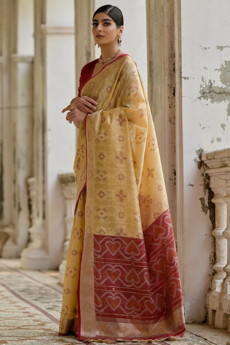 SGF11 Women's Kanjivaram Patola Soft Lichi Silk Saree With Unstitched Blouse Piece (Cream) - Image 4