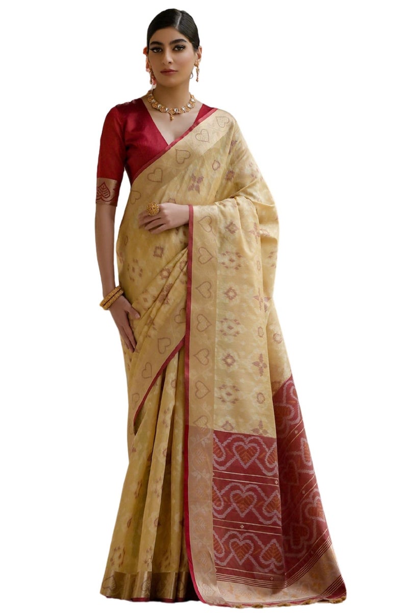 SGF11 Women's Kanjivaram Patola Soft Lichi Silk Saree With Unstitched Blouse Piece (Cream) - Image 1