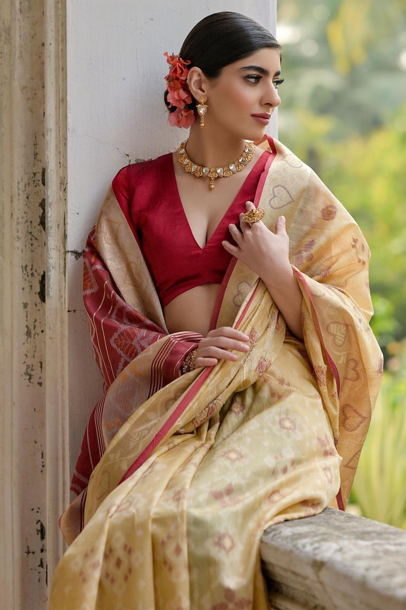 SGF11 Women's Kanjivaram Patola Soft Lichi Silk Saree With Unstitched Blouse Piece (Cream) - Image 3