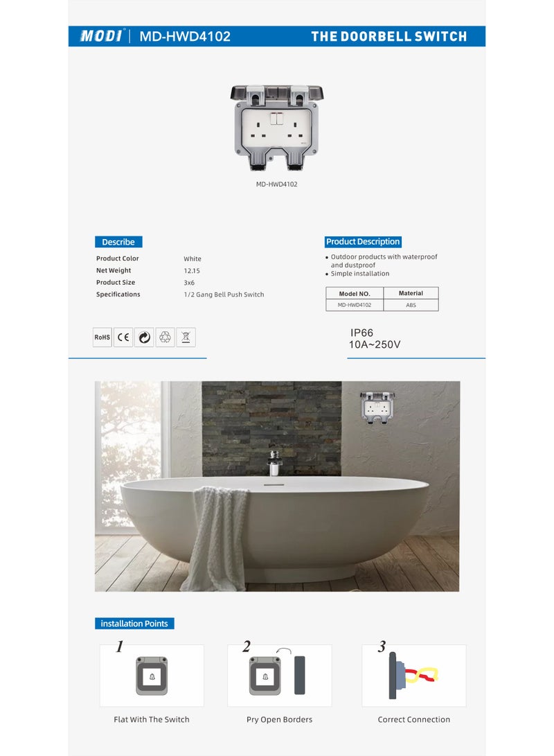 MODI Outdoor Waterproof Double Socket with Cover – 2 Gang Power Outlet, IP66 Weatherproof, 10A 250V, ABS Durable Wall Mounted Socket for Garden, Bathroom & Outdoor Use - Image 2