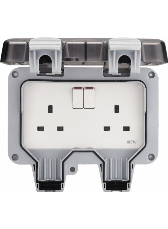 MODI Outdoor Waterproof Double Socket with Cover – 2 Gang Power Outlet, IP66 Weatherproof, 10A 250V, ABS Durable Wall Mounted Socket for Garden, Bathroom & Outdoor Use - Image 1