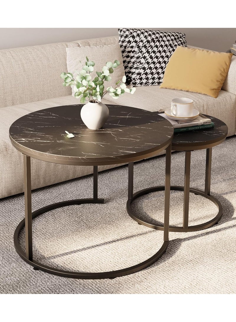 DubaiGallery Coffee Table Set of 2, Wood Metal Side Table Round Set, Table Combination for Living Room, Balcony, Small Set of Table Set, Living Room Table Modern Industrial Style Side Table Round - Image 2