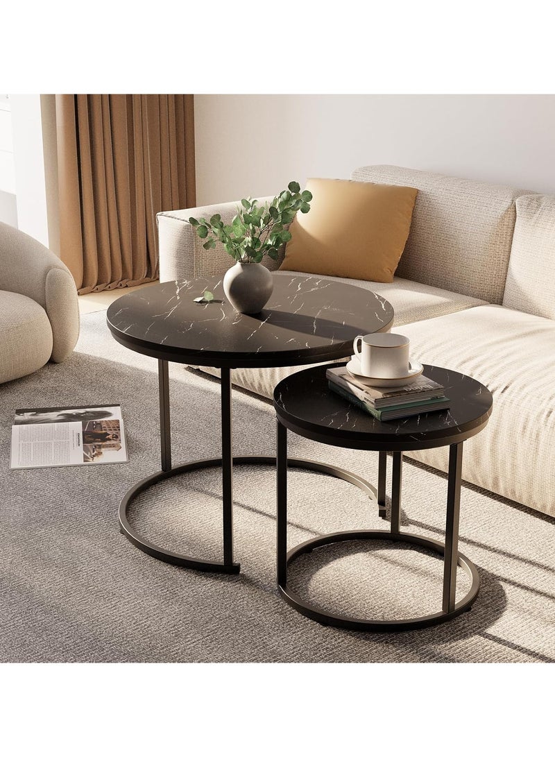 DubaiGallery Coffee Table Set of 2, Wood Metal Side Table Round Set, Table Combination for Living Room, Balcony, Small Set of Table Set, Living Room Table Modern Industrial Style Side Table Round - Image 3