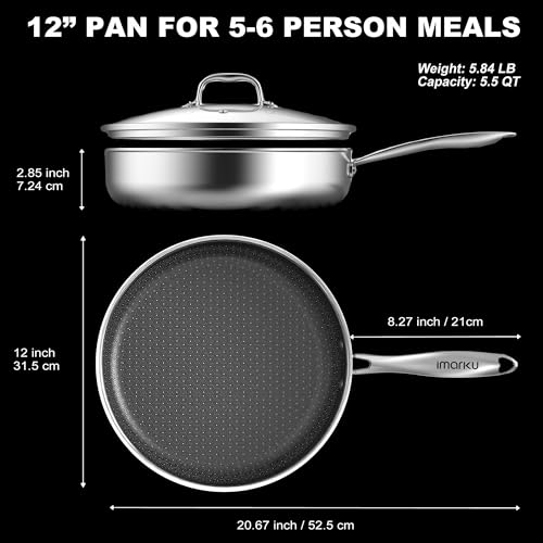 imarku 12" Non Stick Frying Pan with Lid, Stainless Steel Pan with Durable Ceramic Coating, 5.5-Quart Deep Skillet for Family Meals, Induction Cookware, Oven & Dishwasher Safe, PFOA Free - Image 4