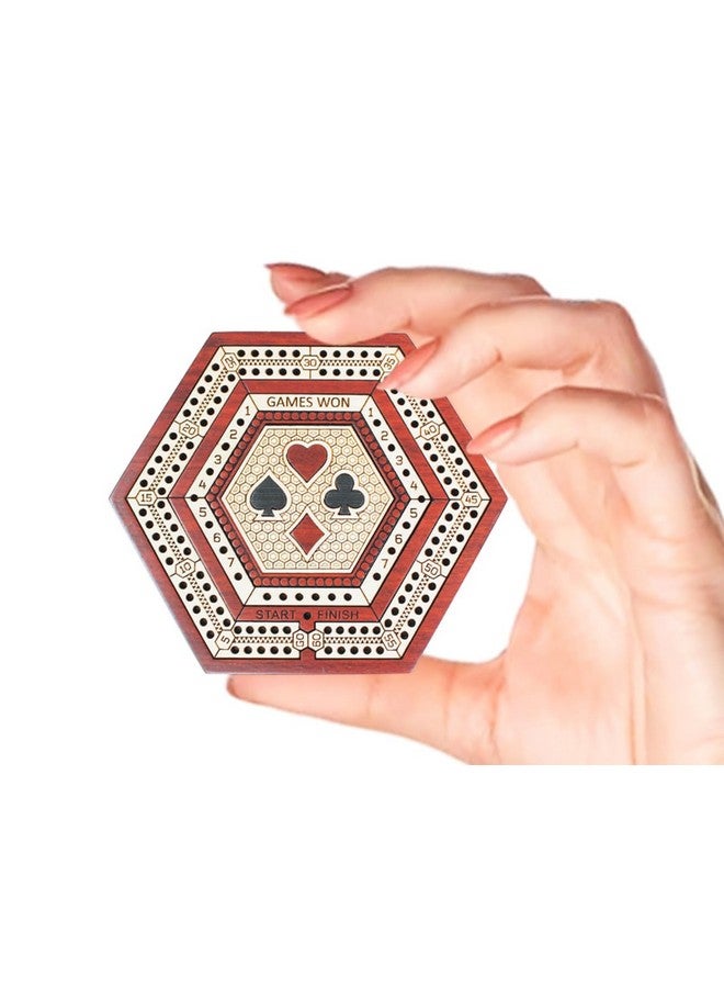 House of Cribbage - 2 Track 60 Points - Hexagonal Shape Pocket Size Wooden Travel Cribbage Board - Size 4 Inch (Bloodwood/Maple Wood) - Image 1