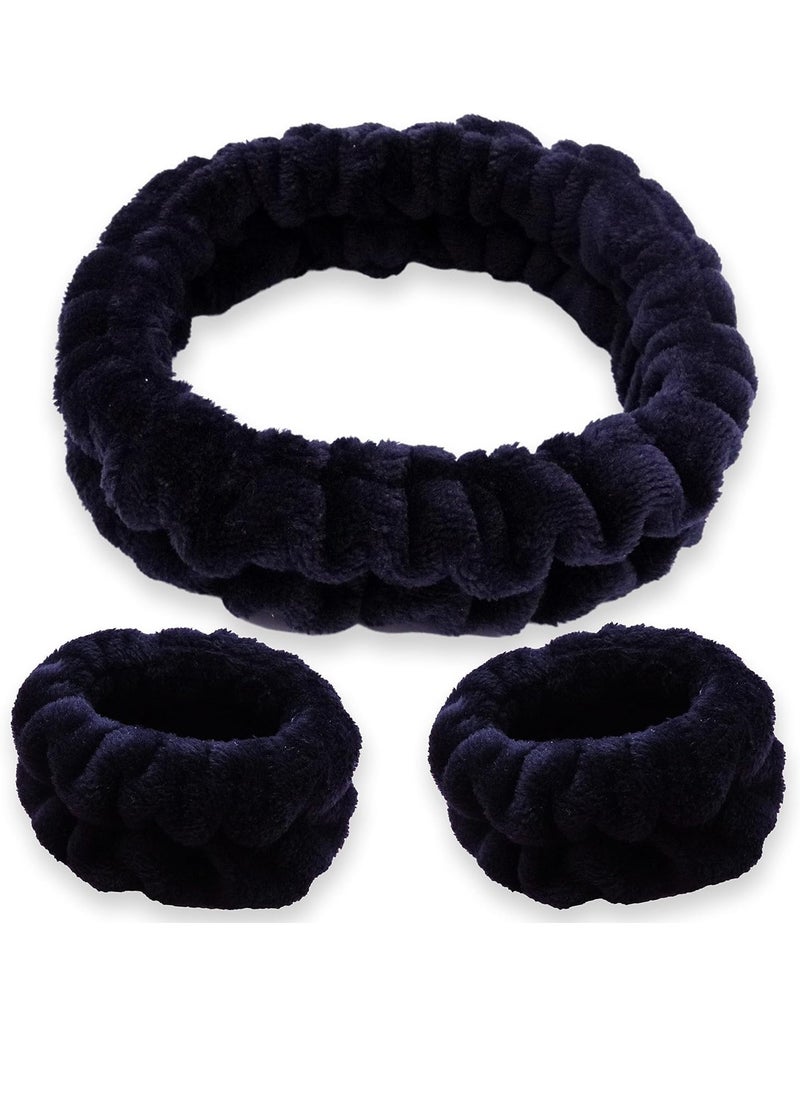 FROG SAC Sac Puffy Spa Headband And Wristbands For Face Washing, Fuzzy Skincare Headbands For Women, Soft Makeup Skin Care Hair Accessories For Girls, Bubble Make Up Sleepover Party Supplies (Black)  - Image 1
