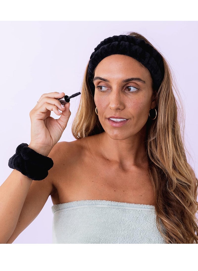 FROG SAC Sac Puffy Spa Headband And Wristbands For Face Washing, Fuzzy Skincare Headbands For Women, Soft Makeup Skin Care Hair Accessories For Girls, Bubble Make Up Sleepover Party Supplies (Black)  - Image 3