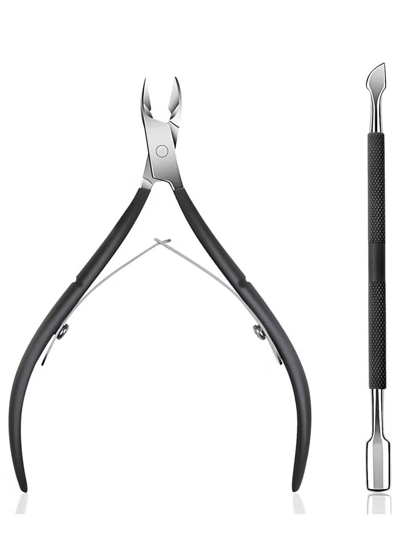 2 PCS Cuticle Trimmer with Cuticle Pusher, Cuticle Remover, Cuticle Nipper, Professional Stainless Steel Cuticle Cutter Clipper, Durable Pedicure Manicure Tools for Fingernails and Toenails (Black) - Image 1