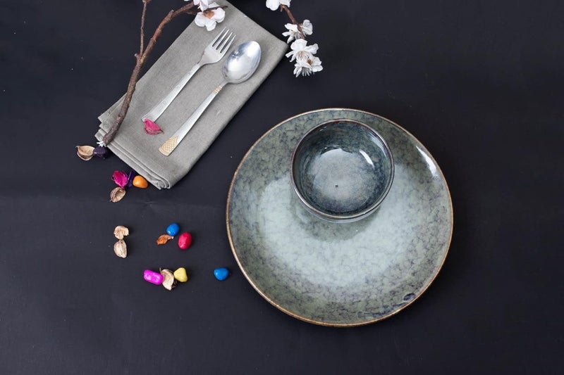 Caffeine Ceramic Handmade Multicolor Combo Studio Dinner Set of 13 pcs.(6 Dinner Plate, 6 Katori Bowl, 1 Serving Bowl) - Image 2