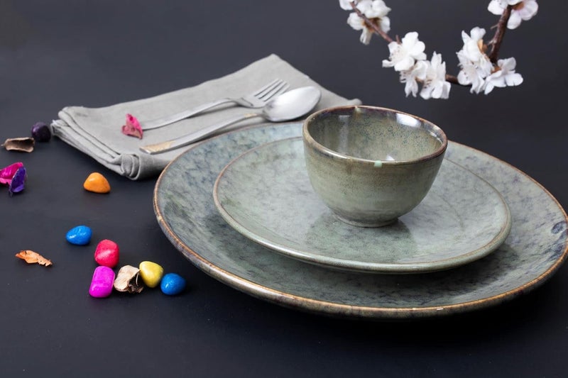 Caffeine Ceramic Handmade Multicolor Combo Studio Dinner Set of 13 pcs.(6 Dinner Plate, 6 Katori Bowl, 1 Serving Bowl) - Image 1