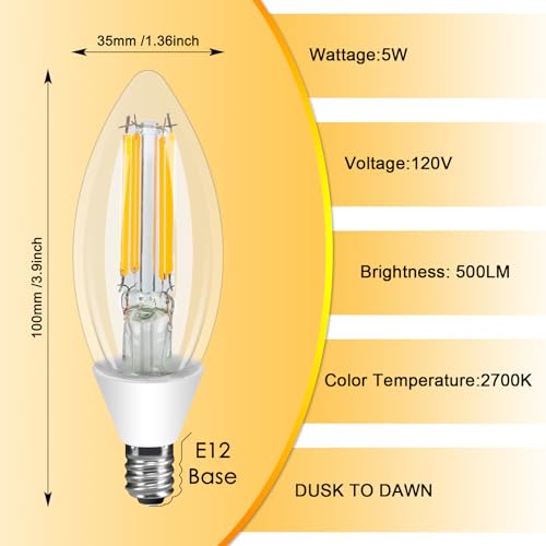 Ganiude E12 Dusk to Dawn Light Bulbs Outdoor, C35 B11 5W 60W Equivalent 500LM 2700K Warm White Photocell Sensor Filament Candelabra Bulbs, Auto ON/Off Edison Outdoor Bulbs for Garage, Porch, 6 Pack - Image 4