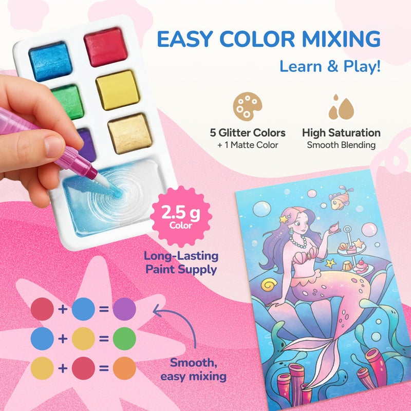 JoyCat 2 Pack Pocket Paint with Water Coloring Books for Kids, Art & Craft Activity Toy Set, Creative Travel & Home Painting Kit, Easter Gifts for Girls & Boys Ages 3-8 (Magical Pony & Ocean Princess) - Image 5